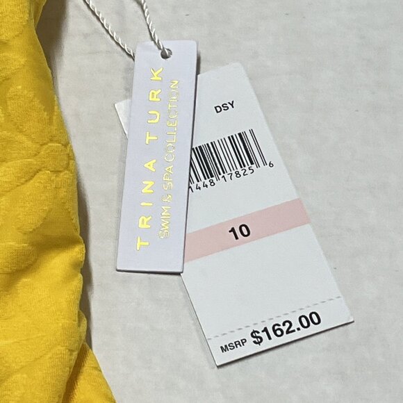 Trina Turk Swimsuit Womens 10 Yellow Joplin Jacquard Petal Cutout Plunge 1 Piece - Picture 8 of 11